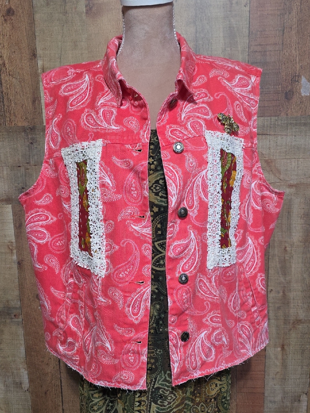 Upcycled Coral Paisley Sleeveless Button-Front Vest